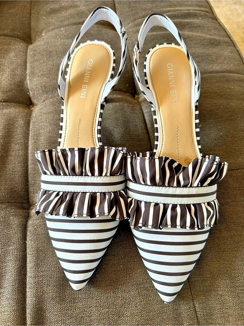 Gianni Bini Striped Pointed-Toe Ruffled Slingback Heels Navy & Light Blue, Size